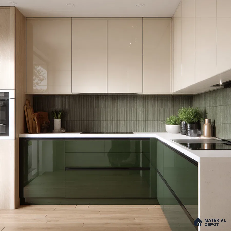 Modern kitchen with olive green high gloss laminate, beige laminate, and green kitkat backsplash tile