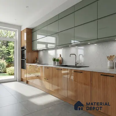 Modern kitchen with sage green high gloss laminate, wood grain laminate, and white quartz countertop