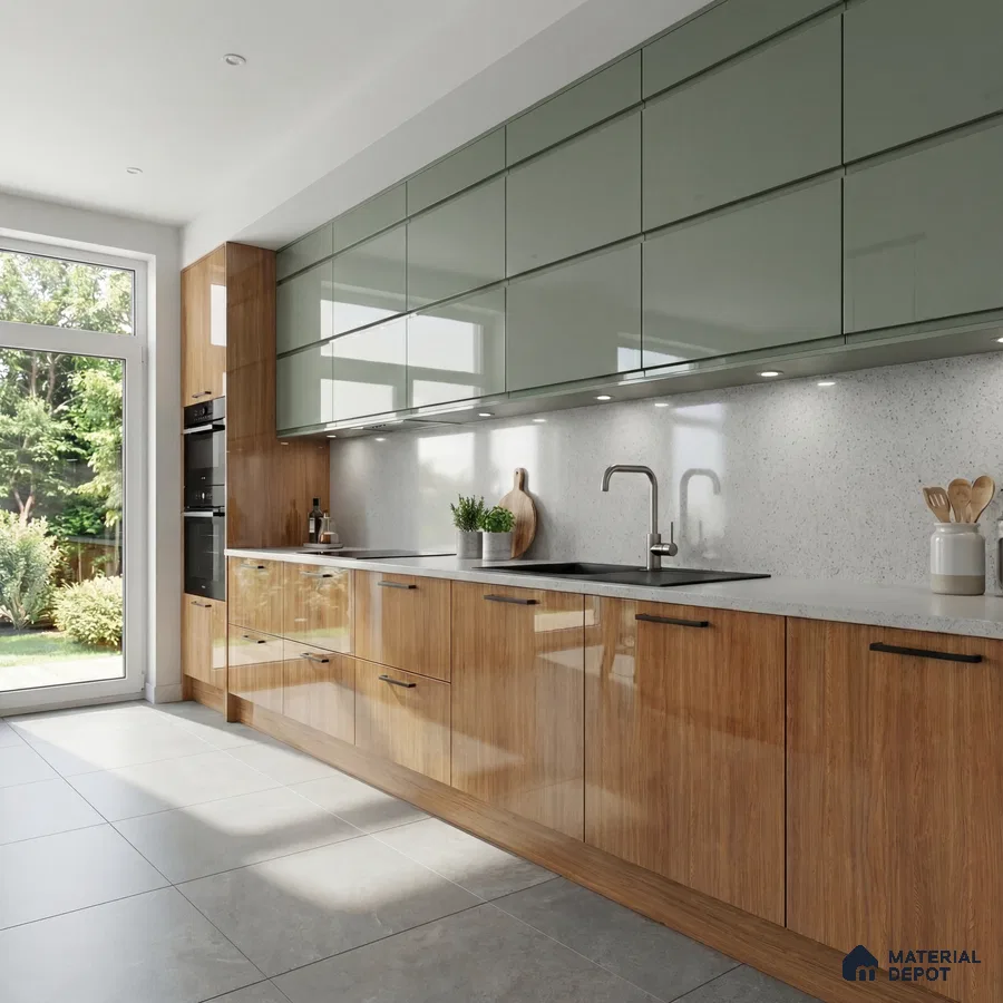 Modern kitchen with sage green high gloss laminate, wood grain laminate, and white quartz countertop