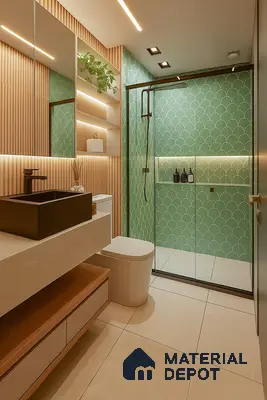 Sage Scallop Tile Bathroom with Warm Wood & Soft Lighting | Material Depot