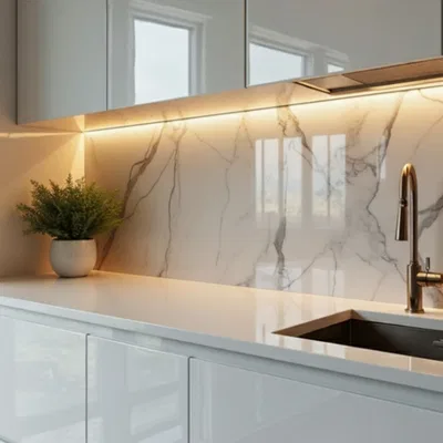 Closeup application image of Satuario Marble Tile in Kitchen