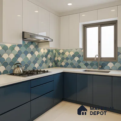 Scallop Style Backsplash with Glossy Blue Cabinets and White Overheads in a Modern L Shaped Kitchen in 3 BHK Sobha City Santorini, Thanisandra | Material Depot