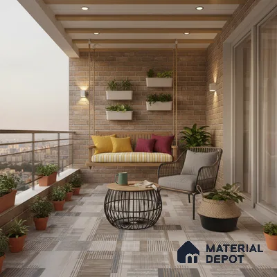 Scandinavian balcony with brick cladding, patterned floor tiles, and wooden swing seating