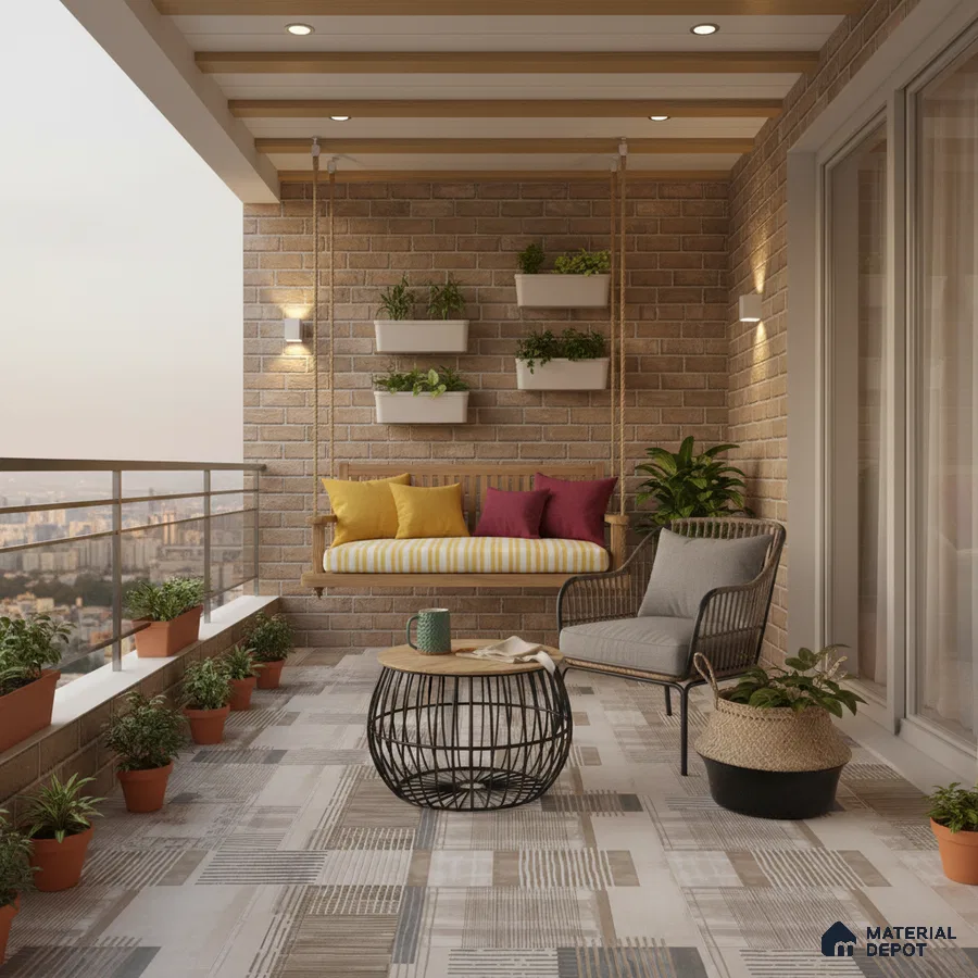 Scandinavian balcony with brick cladding, patterned floor tiles, and wooden swing seating