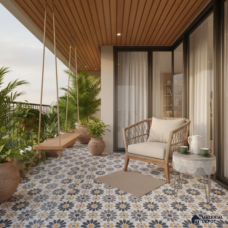 Scandinavian balcony with floral patterned floor tiles and wooden ceiling panels