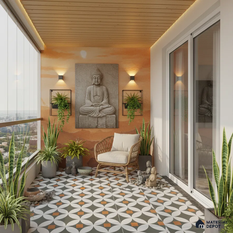 Scandinavian balcony with geometric patterned floor tiles and wood slat ceiling
