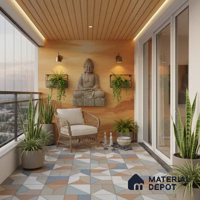 Scandinavian balcony with geometric patterned floor tiles, wood ceiling panels, and Buddha accent wall