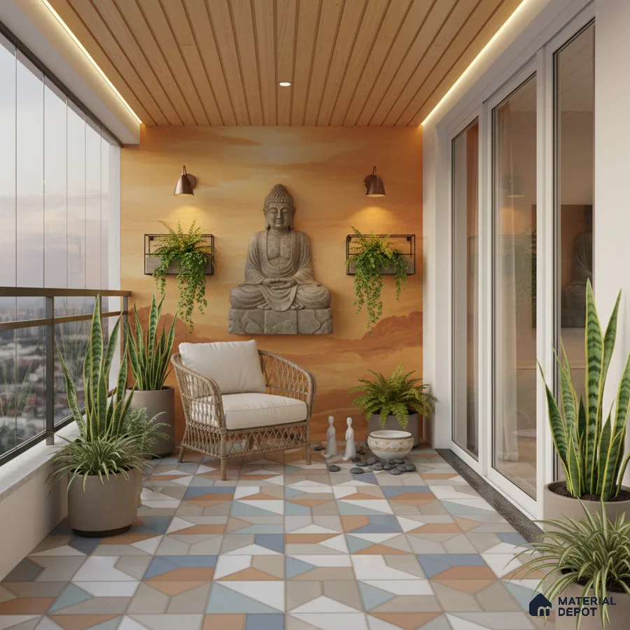 Scandinavian balcony with geometric patterned floor tiles, wood ceiling panels, and Buddha accent wall
