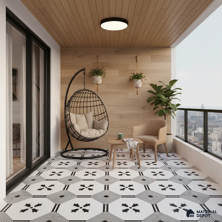 Scandinavian balcony with light oak wood wall panels and black-and-white geometric patterned floor tiles