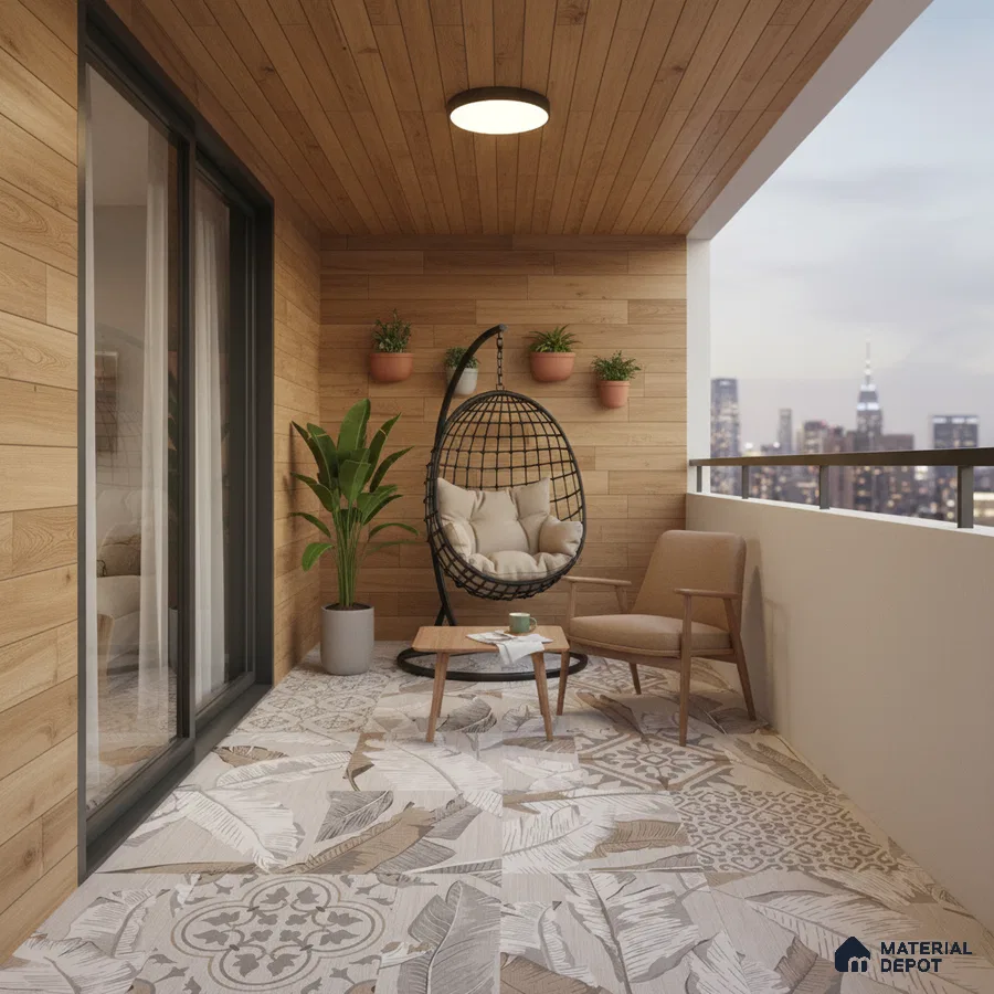 Scandinavian balcony with oak wood wall panels and patterned beige floor tiles