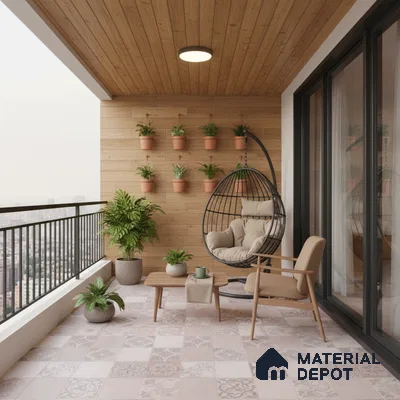 Scandinavian balcony with patterned floor tiles and natural wood wall cladding