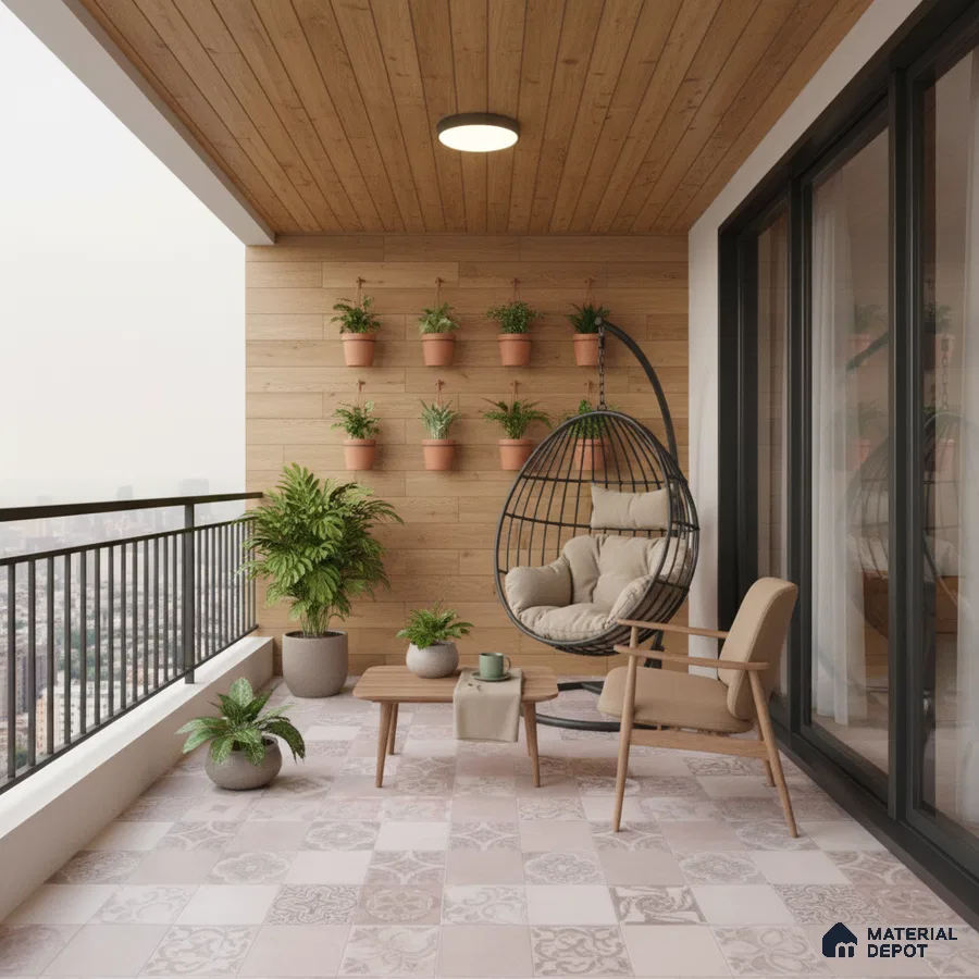 Scandinavian balcony with patterned floor tiles and natural wood wall cladding