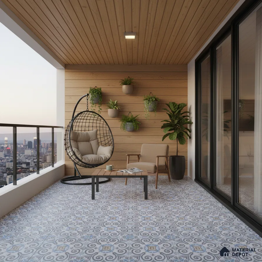 Scandinavian balcony with patterned floor tiles and natural wood wall cladding