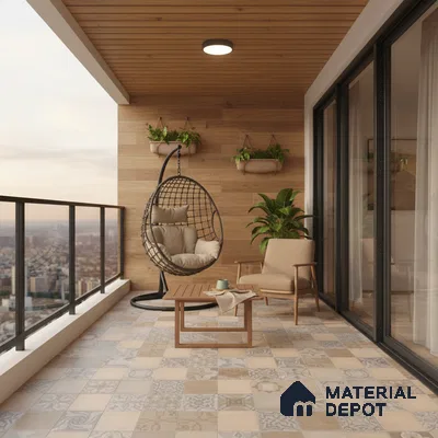 Scandinavian balcony with patterned floor tiles and natural wood wall cladding