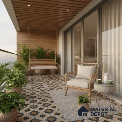 Scandinavian balcony with patterned floor tiles and wooden ceiling louvers