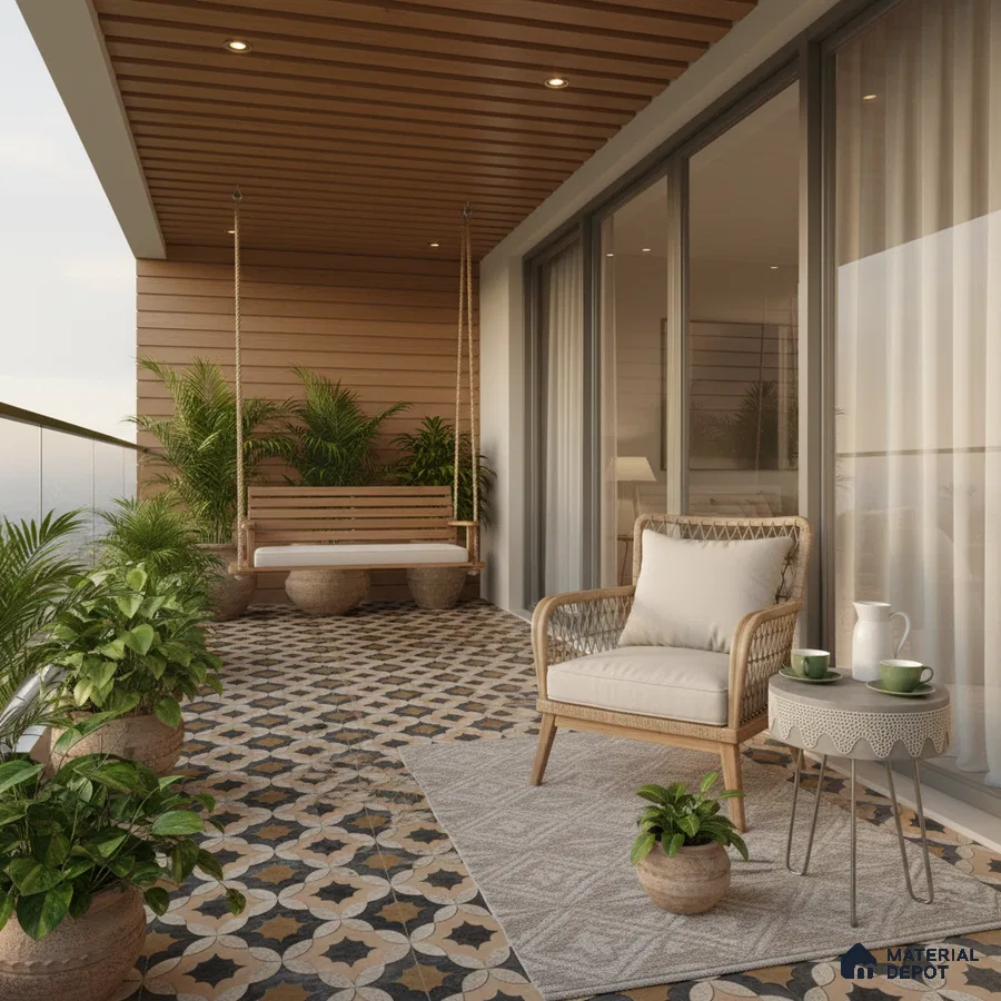 Scandinavian balcony with patterned floor tiles and wooden ceiling louvers