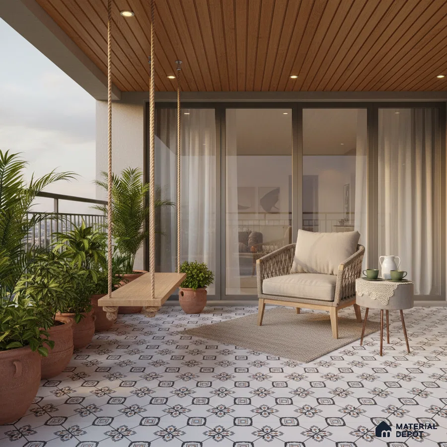 Scandinavian balcony with patterned floor tiles and wooden ceiling panels