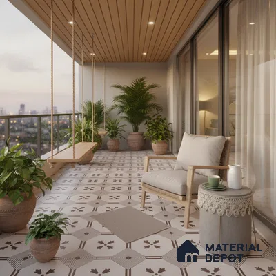 Scandinavian balcony with patterned floor tiles and wooden ceiling panels