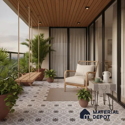 Scandinavian balcony with patterned floor tiles and wooden ceiling panels