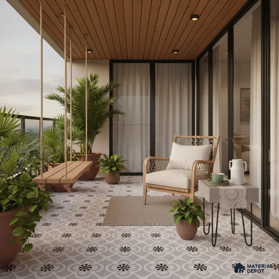 Scandinavian balcony with patterned floor tiles and wooden ceiling panels