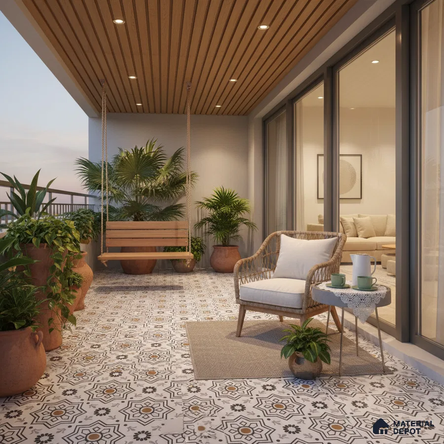 Scandinavian balcony with patterned floor tiles and wooden ceiling panels