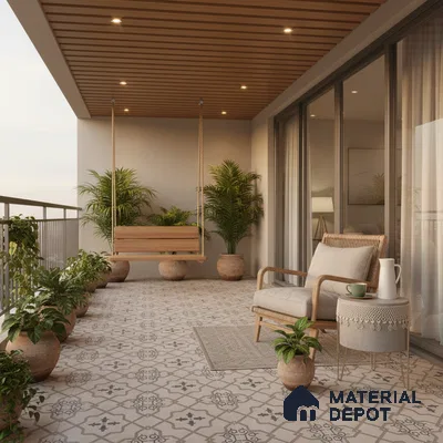 Scandinavian balcony with patterned floor tiles and wooden louver ceiling