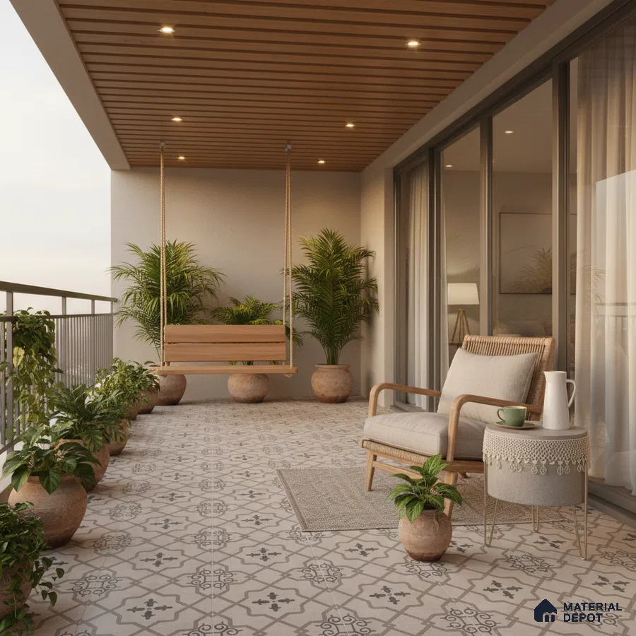 Scandinavian balcony with patterned floor tiles and wooden louver ceiling