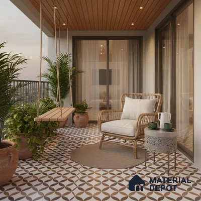 Scandinavian balcony with patterned geometric floor tiles and wooden ceiling panels