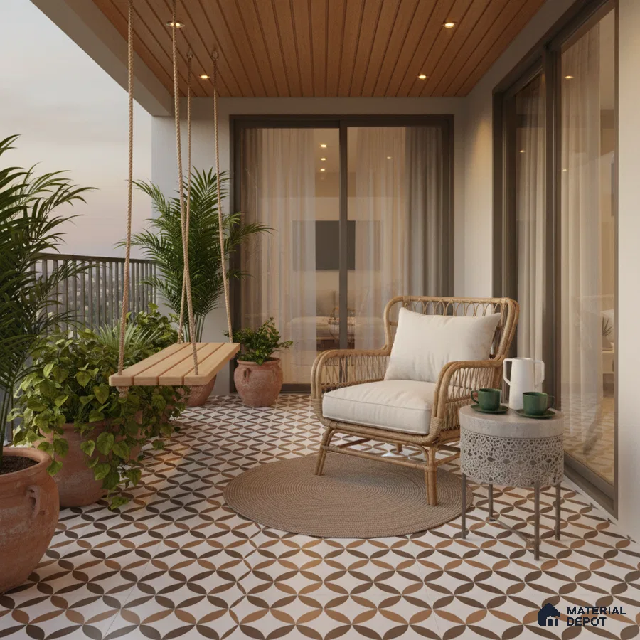Scandinavian balcony with patterned geometric floor tiles and wooden ceiling panels