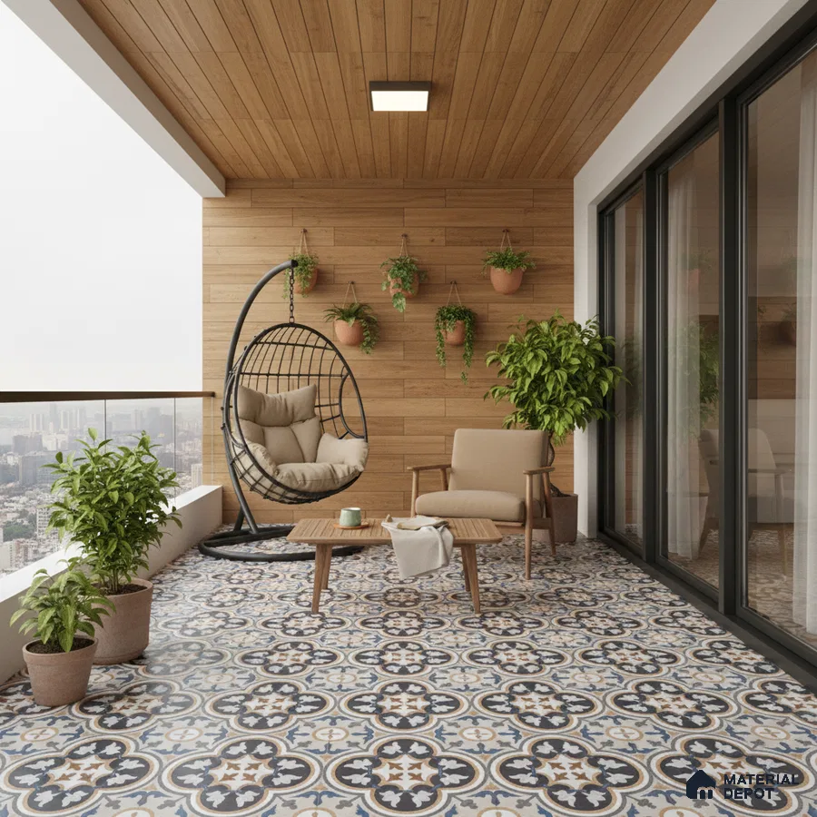 Scandinavian balcony with patterned moroccan floor tiles and natural wood wall cladding