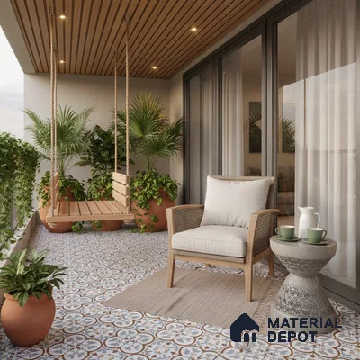 Scandinavian balcony with patterned moroccan floor tiles and wooden ceiling louvers