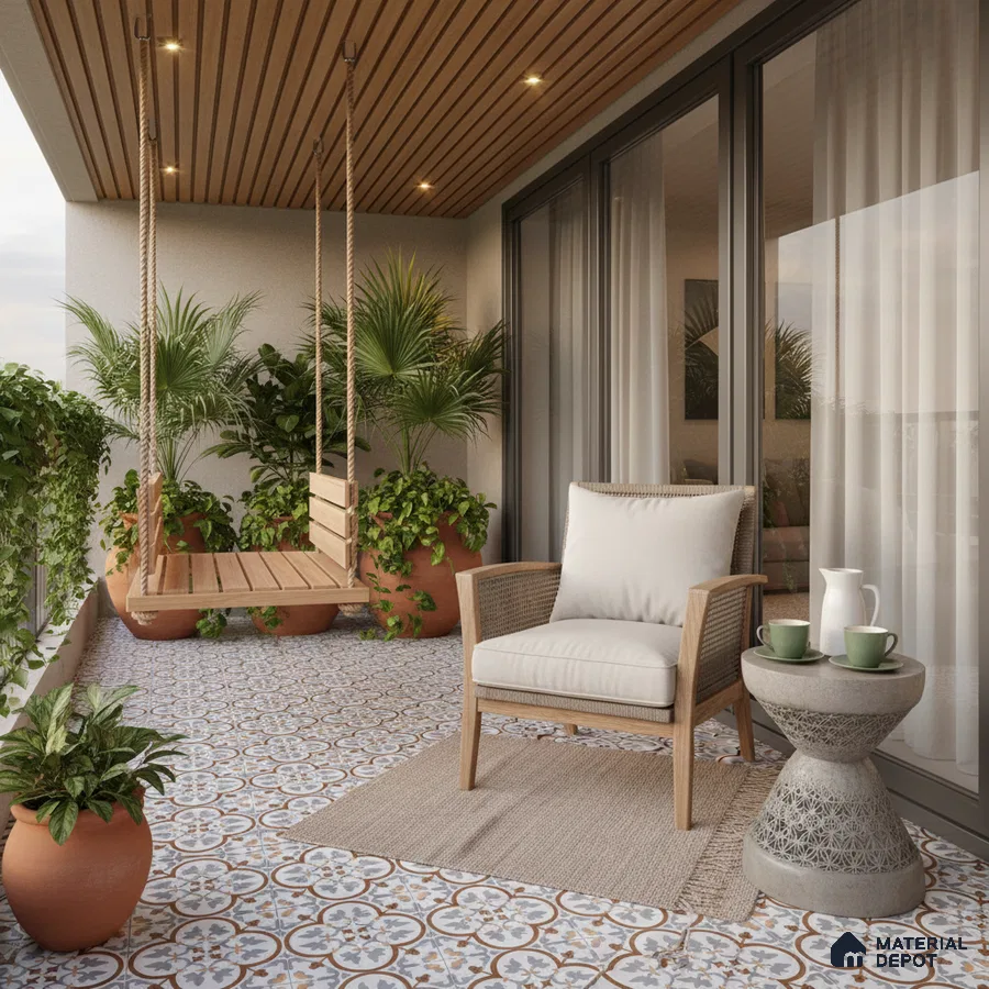 Scandinavian balcony with patterned moroccan floor tiles and wooden ceiling louvers