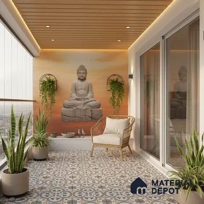 Scandinavian balcony with patterned moroccan floor tiles, wooden ceiling panels, and Buddha mural wall