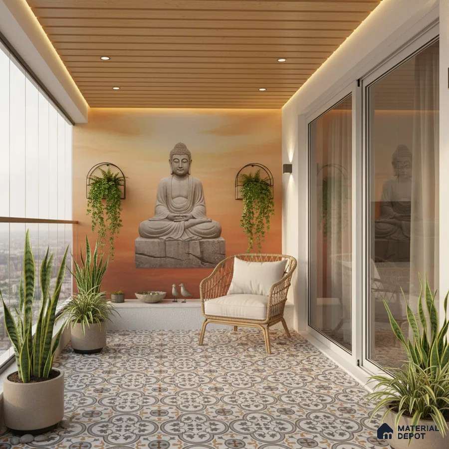 Scandinavian balcony with patterned moroccan floor tiles, wooden ceiling panels, and Buddha mural wall