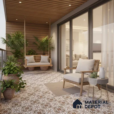 Scandinavian balcony with patterned terracotta and white floor tiles and wooden ceiling panels