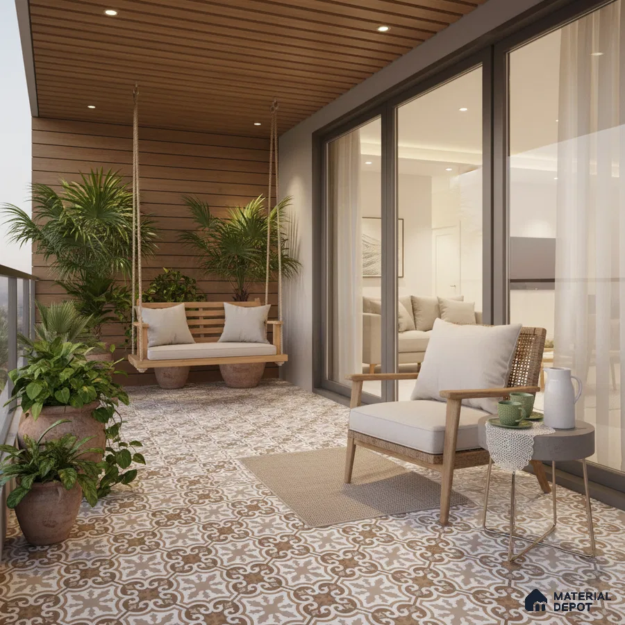 Scandinavian balcony with patterned terracotta and white floor tiles and wooden ceiling panels