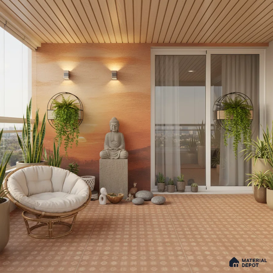 Scandinavian balcony with terracotta patterned floor tiles and wood slat ceiling