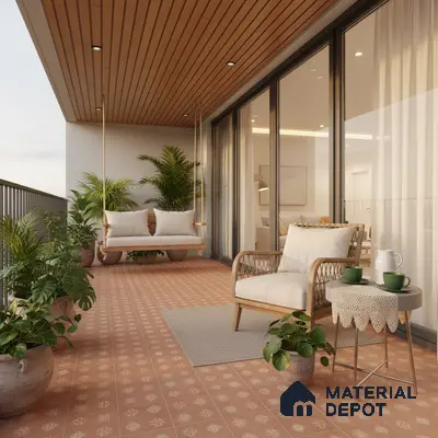 Scandinavian balcony with terracotta patterned floor tiles and wooden ceiling panels