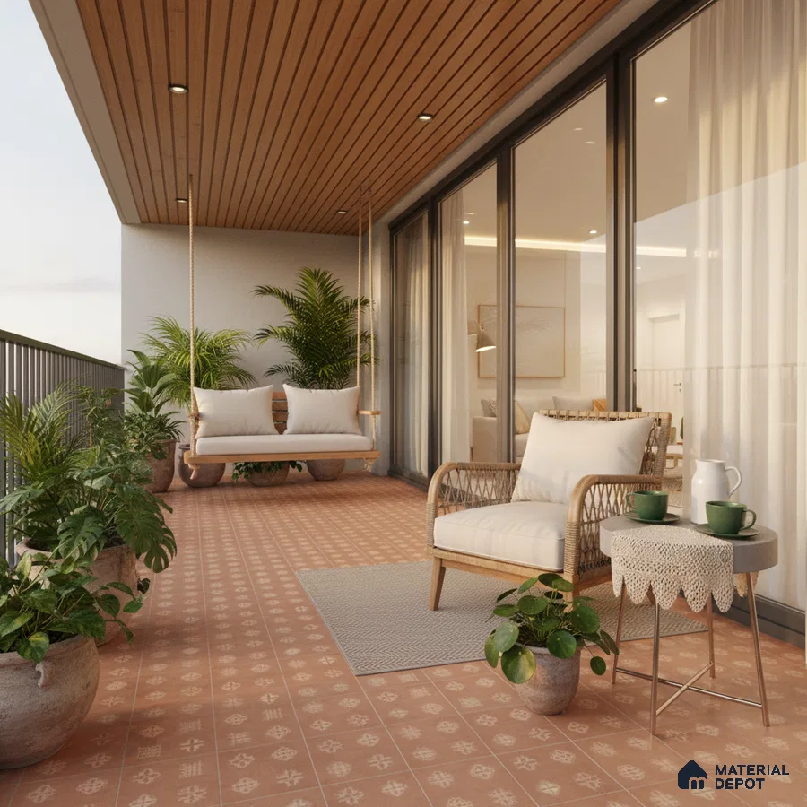 Scandinavian balcony with terracotta patterned floor tiles and wooden ceiling panels