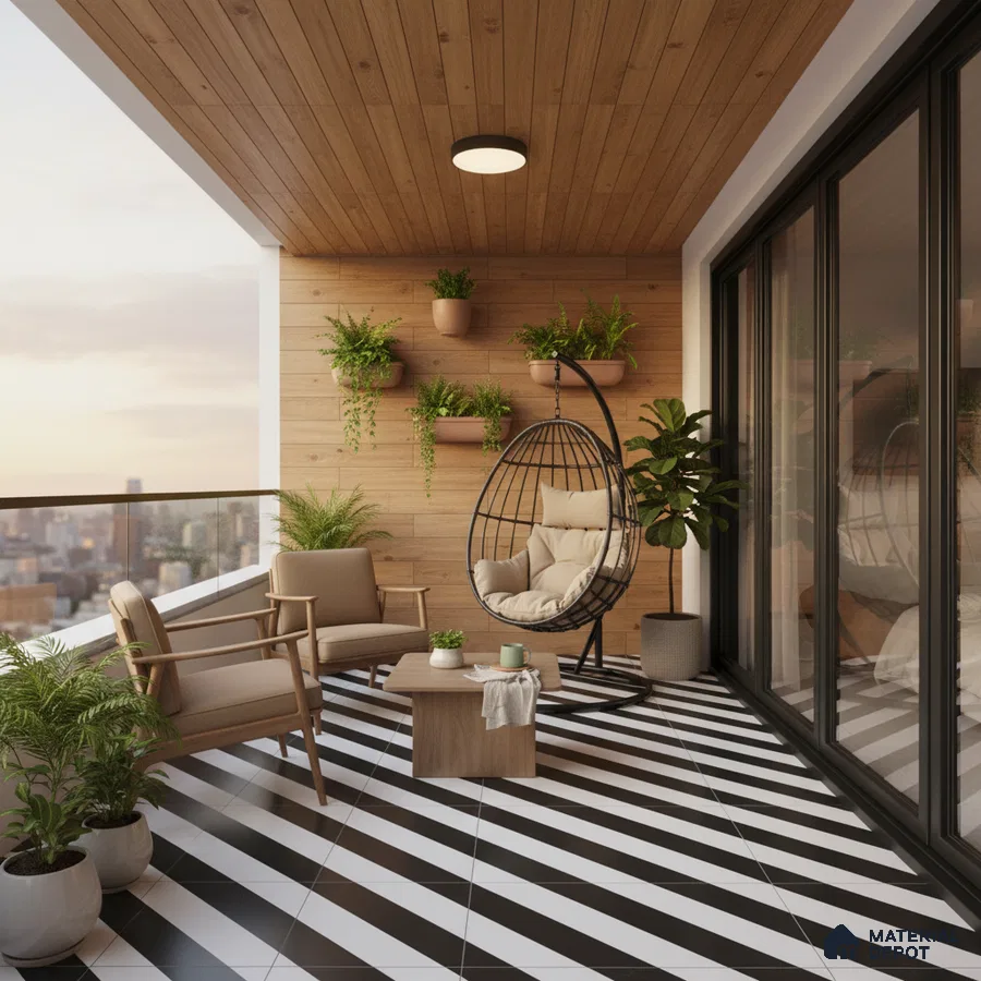 Scandinavian balcony with wood cladding, striped black-and-white floor tiles, and modern outdoor seating