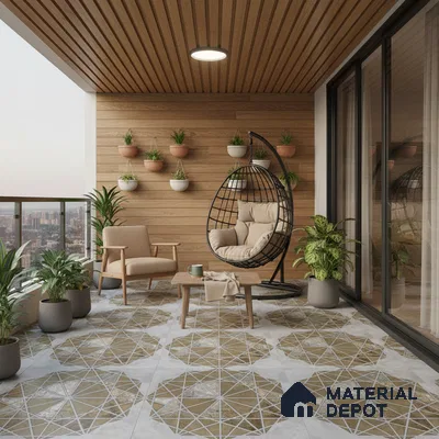 Scandinavian balcony with wood louver ceiling, wood wall panels, and geometric patterned floor tiles