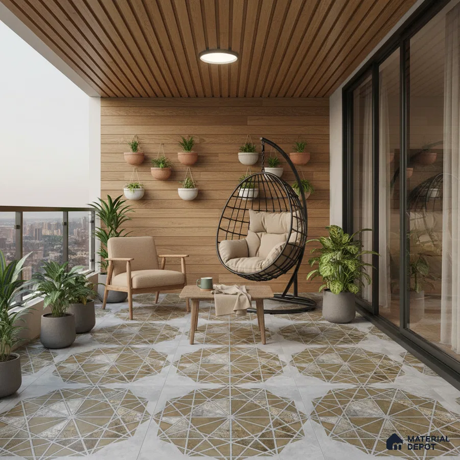 Scandinavian balcony with wood louver ceiling, wood wall panels, and geometric patterned floor tiles
