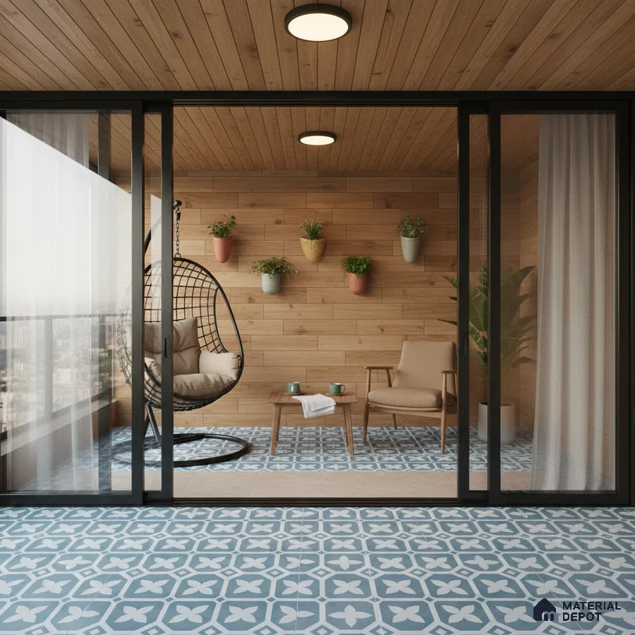 Scandinavian balcony with wood plank wall and ceiling, blue and white patterned floor tiles
