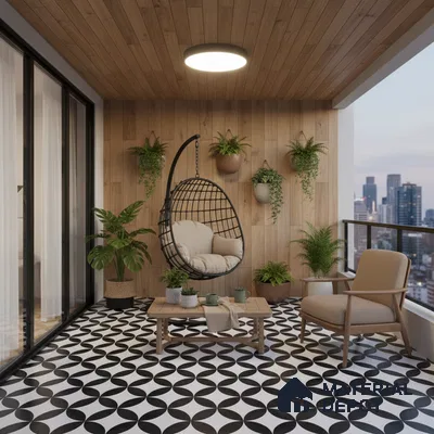 Scandinavian balcony with wood wall cladding and black-and-white geometric floor tiles