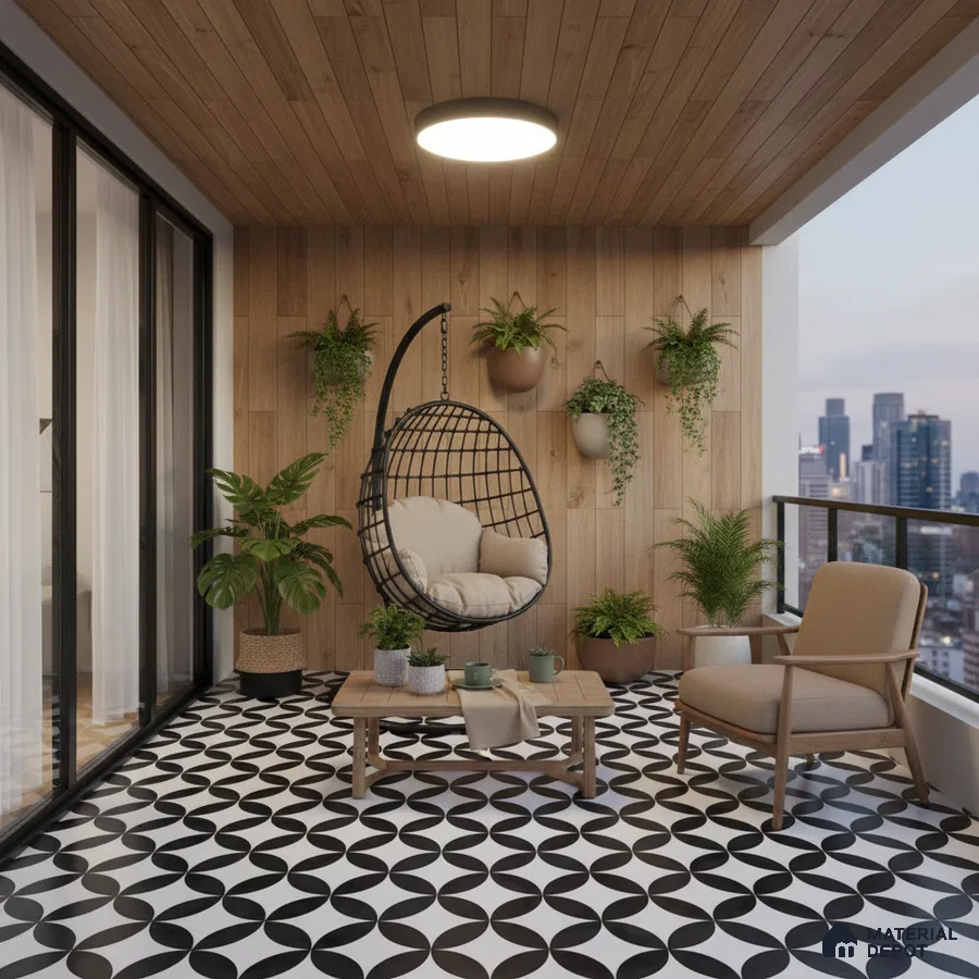 Scandinavian balcony with wood wall cladding and black-and-white geometric floor tiles