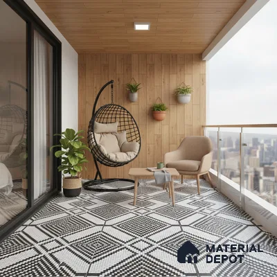 Scandinavian balcony with wood wall cladding and black-and-white geometric mosaic floor tiles