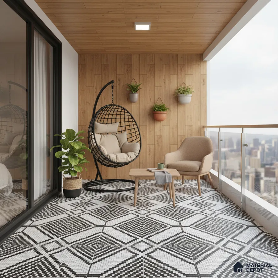 Scandinavian balcony with wood wall cladding and black-and-white geometric mosaic floor tiles
