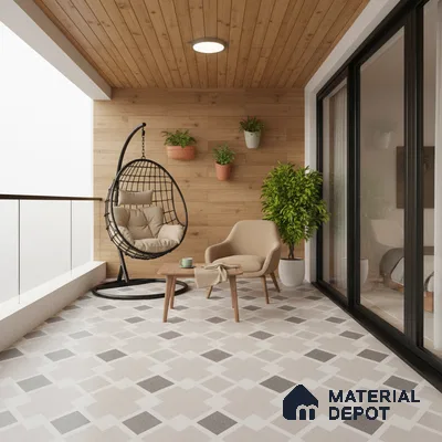 Scandinavian balcony with wood wall cladding and geometric patterned floor tiles
