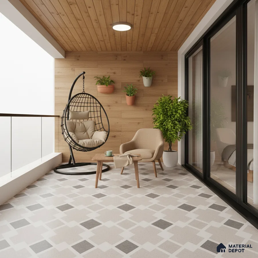 Scandinavian balcony with wood wall cladding and geometric patterned floor tiles