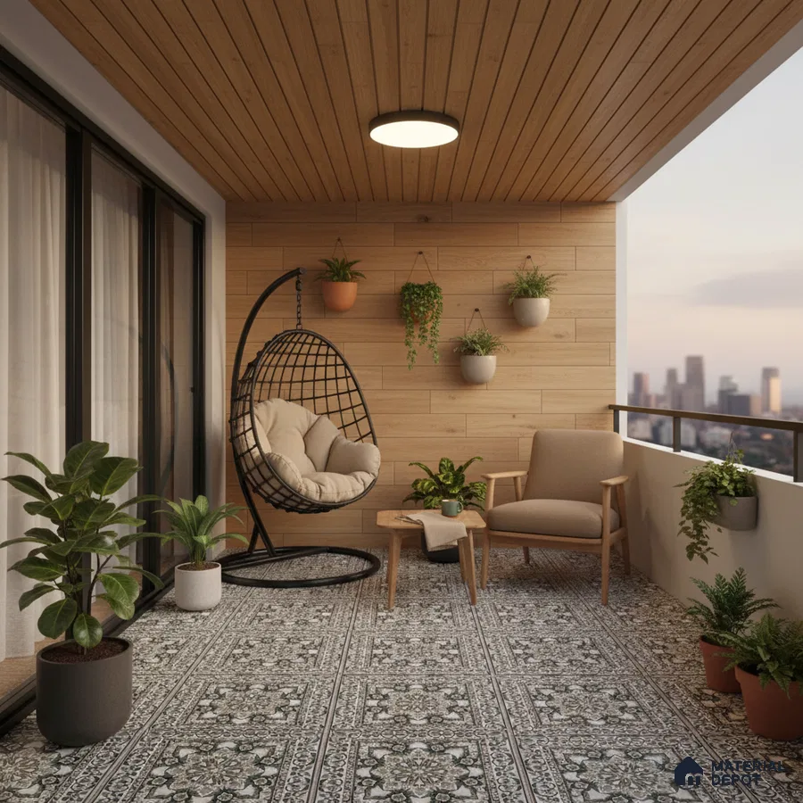 Scandinavian balcony with wood wall cladding and patterned black-and-white floor tiles